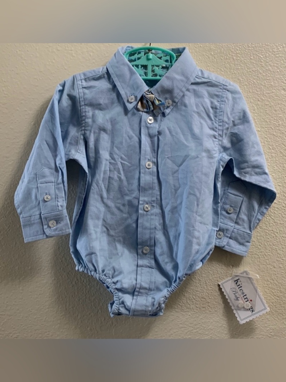 Hartstrings Kitestrings Baby Blue Easter Buttondown Bodysuit 12 Months Tie.